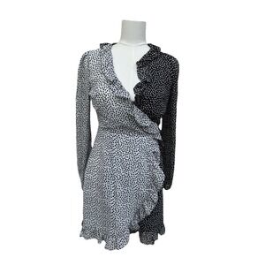 Nasty Gal Heart Print Wrap Mini Dress Black White Ruffle Long Sleeve Size 6